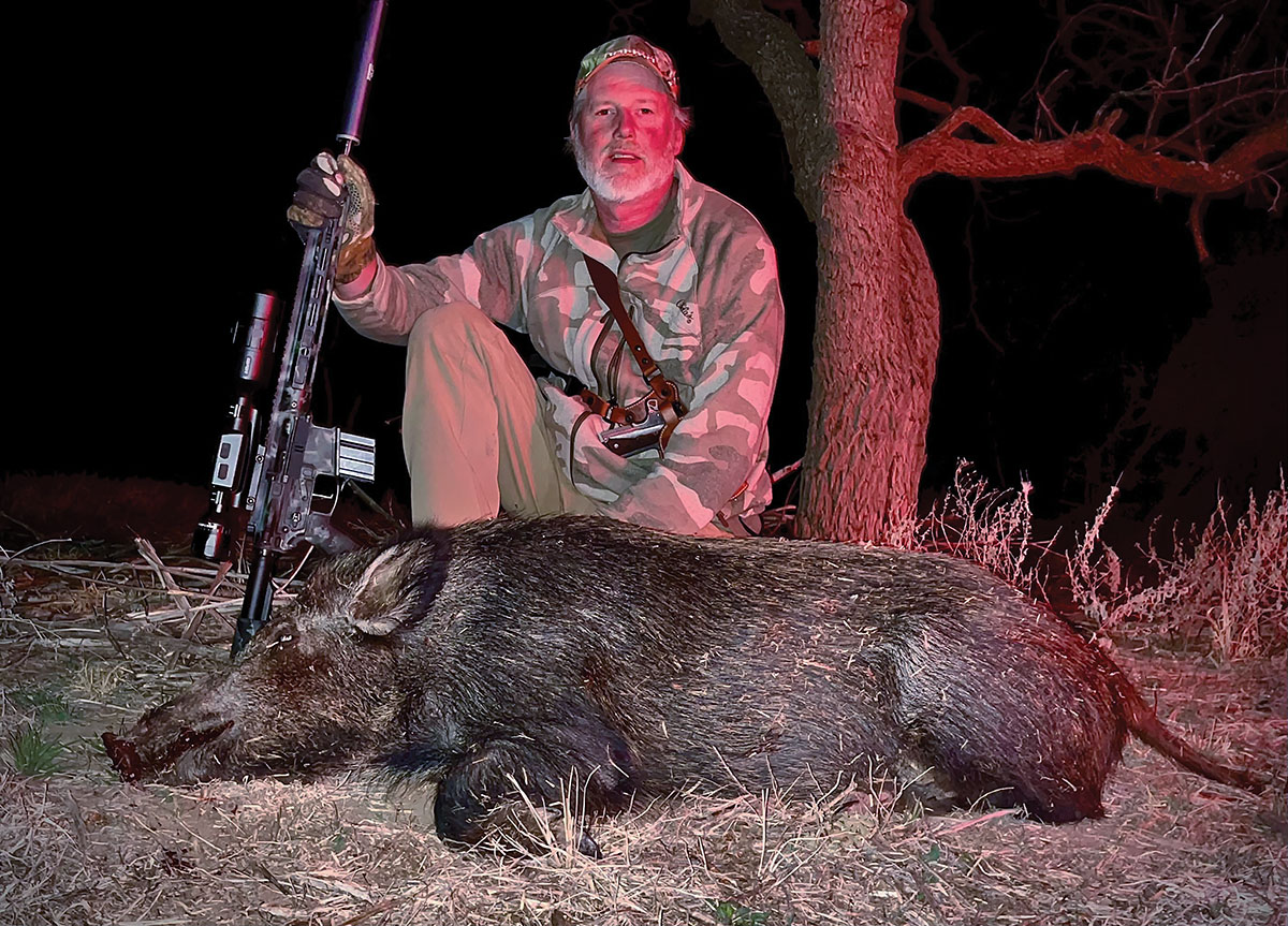 Patrick now mostly uses his 6.8 Remington SPC while hunting Texas hogs. He dropped this nighttime boar where it stood at about 90 yards while shooting Hornady’s 120-grain SST bullet.